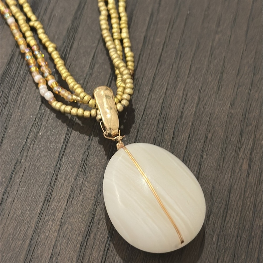 Gold Three Strand Seed Bead Necklace White Stone Drop